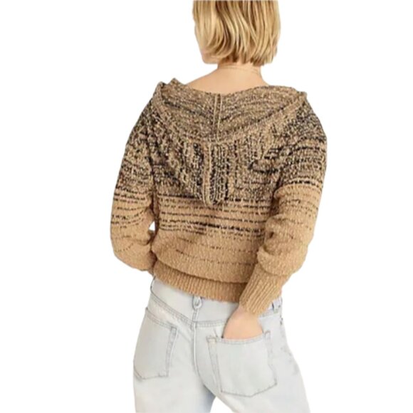 J. CREW | Marled Open Slub Knit Black Brown Ombre Cropped V-Neck Hoodie Sweater - Picture 2 of 15